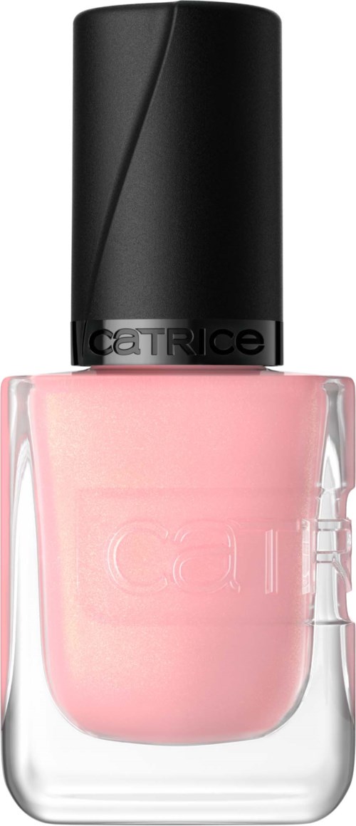 Roze nagellak in een glazen fles met een zwarte dop. Catrice-merk op de dop.