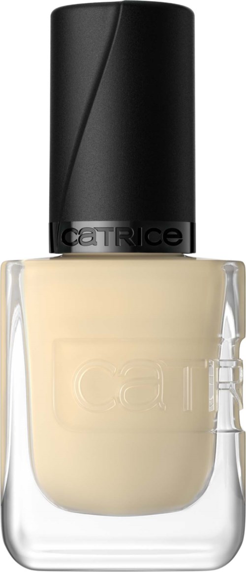 Een Catrice nagellakfles met een zwarte dop, beige nagellak en doorzichtig glas.