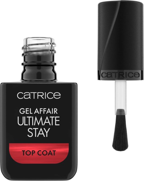 Czarna butelka lakieru do paznokci z pędzelkiem i przezroczystym korkiem, oznaczona 'Catrice Gel Affair Ultimate Stay Top Coat'.