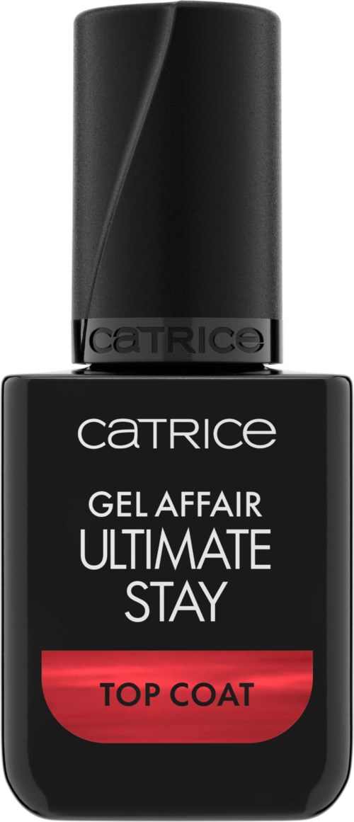 Czarna butelka lakieru do paznokci z czarnym wieczkiem, etykieta pokazuje markę Catrice, nazwę produktu i czerwony top coat.