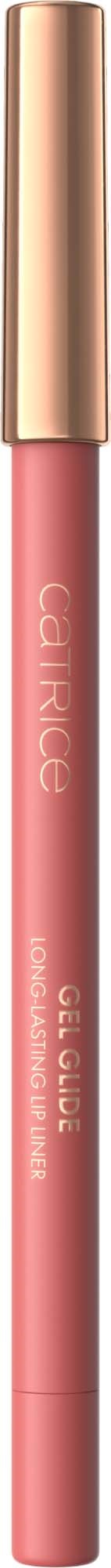 Een roze lipgloss met een gouden dop, gemerkt met 'Catrice', heeft een doorzichtige body die het product laat zien.