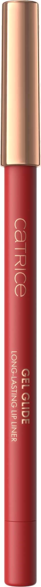 Een rood lipgloss-potlood met een goudkleurige dop, gelabeld "Catrice Gel Gloss" op een zwarte achtergrond.