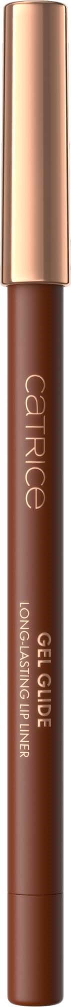 Een bruine lipgloss met een gouden dop en de merknaam 'Catrice'.