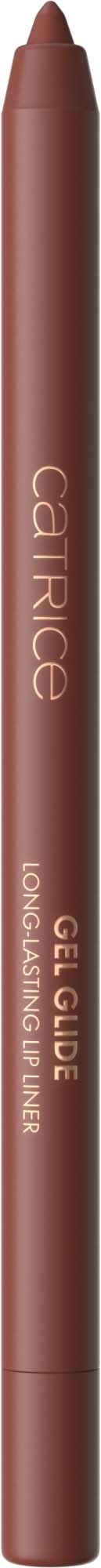Een bruine liplinerpotlood met de woorden "GEL LIPGE" en "LONG WEAR WARM TONE" erop.