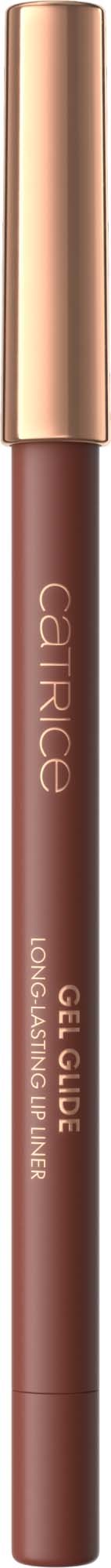 Een lange, bruine lipgloss met een gouden dop en merknaam 'Cathue'.