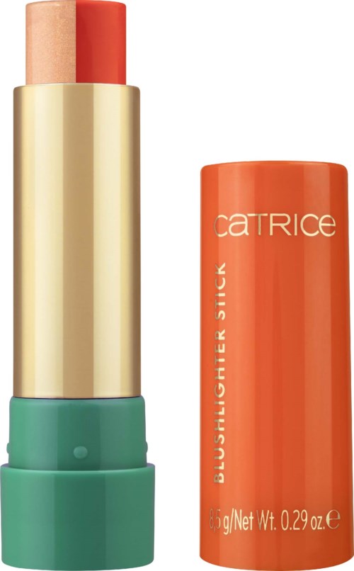 En hudplejestift med beige og koral spids ved siden af en orange beholder med Catrice mærke.