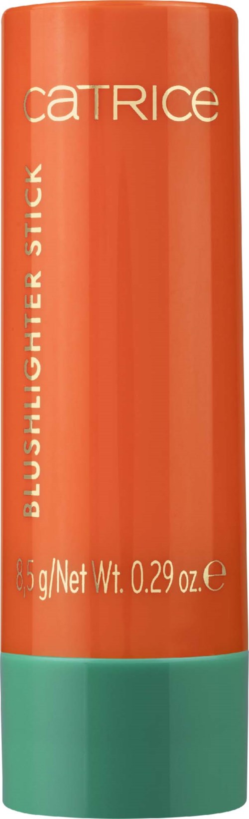 En læbestift med orange og grøn farve, mærket "Catrice" og "Blushing Light Stick".