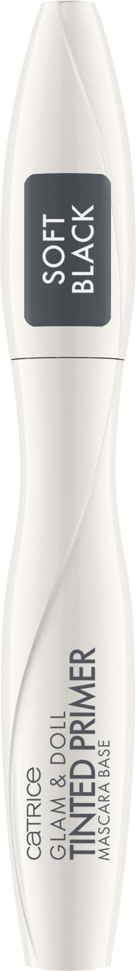 Ein weißer Mascara-Tube mit schwarzem Etikett, das "Soft Black" sagt.