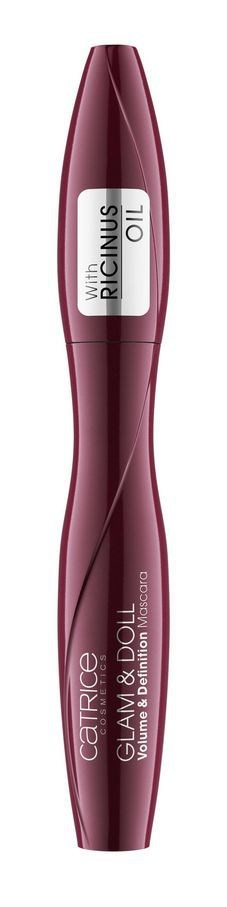 A mascara tube in burgundy color with black accents, labeled Catrice Glam & Doll, Volumizing Mascara. Logo says WINGS OF BIGNNESS.