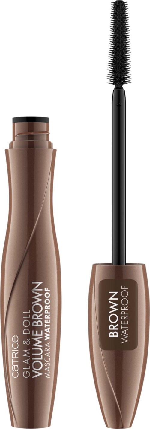 Een mascara-tube met een gebogen ontwerp en een open mascara-spoel, gemerkt 'Brow Waterproof'.