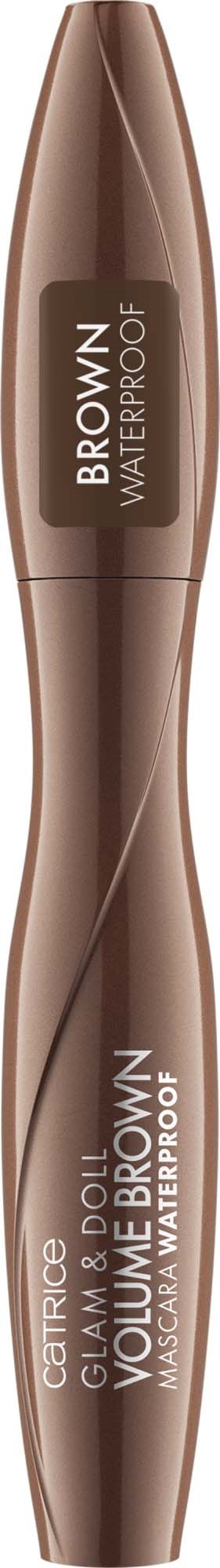 Een bruine mascara-tube met witte tekst, gelabeld 'BROWN WATERPROOF' en 'VOLUME & CURL'.