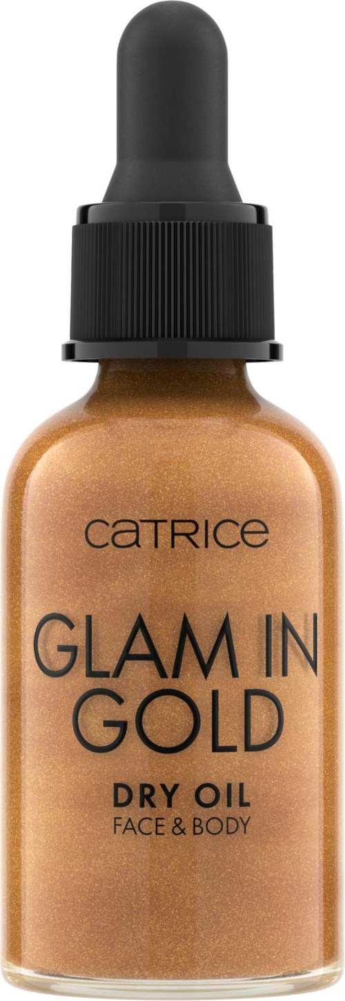 Een klein flesje met pipet, gelabeld Catrice Glam in Gold Dry Oil voor gezicht en lichaam, in een bronze kleur.