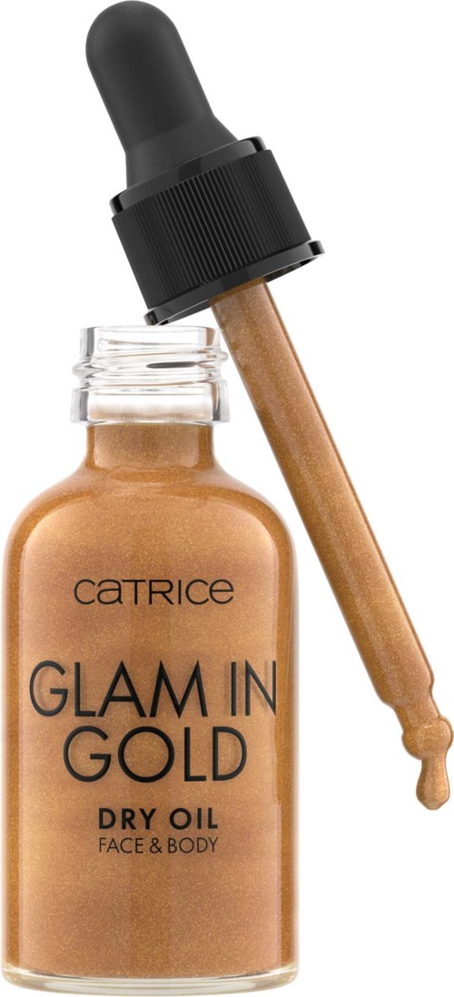 Een glazen flesje met 'Glam in Gold' droge olie voor gezicht en lichaam, met pipet.