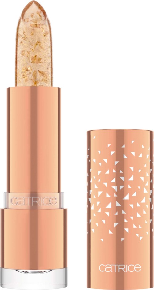 En läppstift med glittrig guldstift och ett roséguldfall med genomskärningsmönster och märket 'Catrice'.