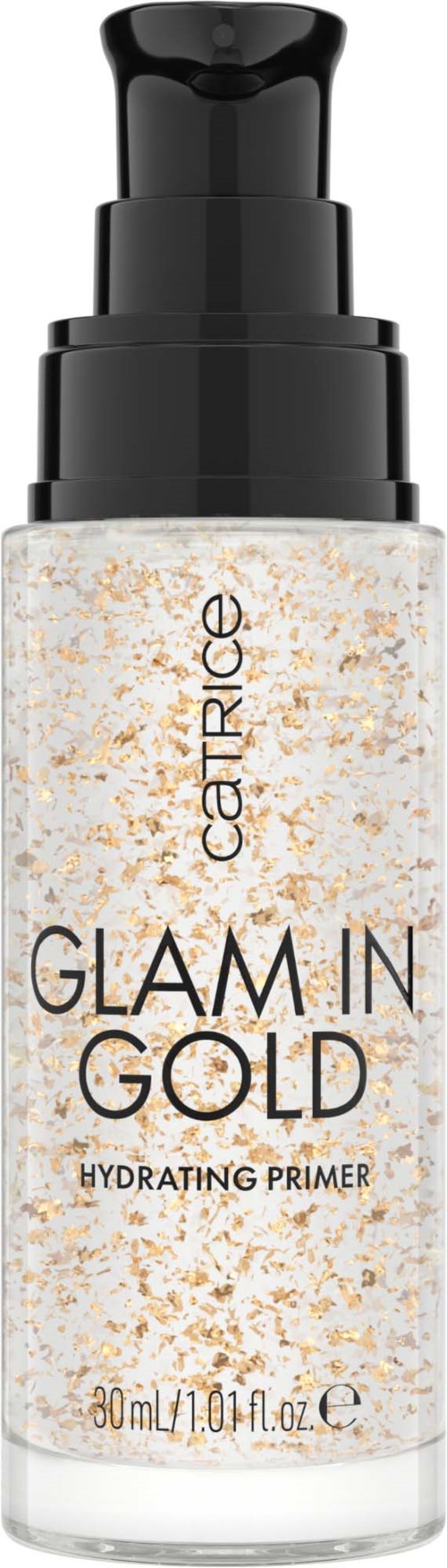 En tydlig flaska med guldfläckar, märkt Glam in Gold Hydrating Primer, med pump.