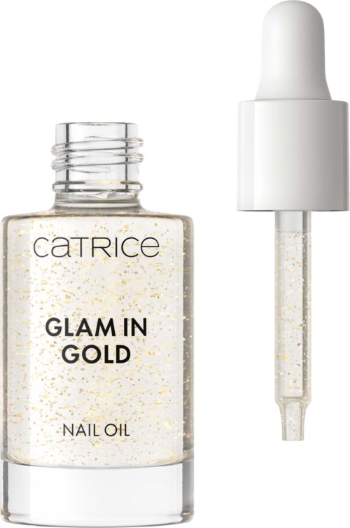 Przezroczysta butelka olejku do paznokci z napisem "Glam in Gold" i białą pipetą.