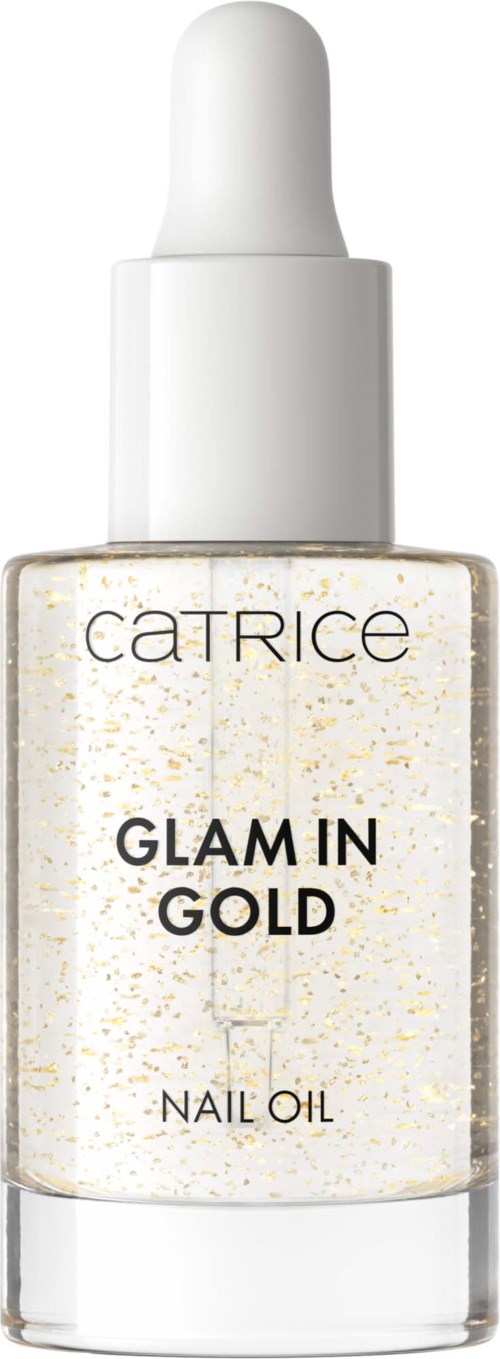 Mała przezroczysta butelka olejku do paznokci z napisem 'Glam in Gold' i złotym brokatem.