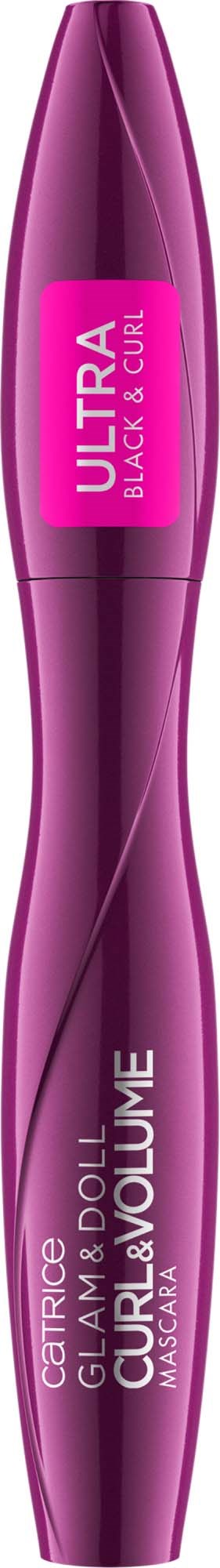 En lila mascara-rör med rosa etikett som säger 'Ultra Black & Curl'.