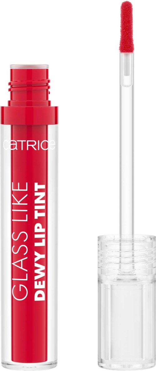Red lip tint tube with a wavy applicator, labeled 'Glass Like Dewy Lip Tint'.