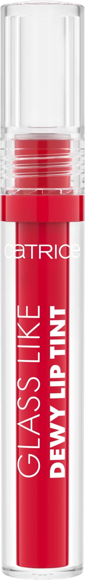 A small lip tint container with red liquid and a clear cap, labeled 'Glass Like Dewy Lip Tint'.