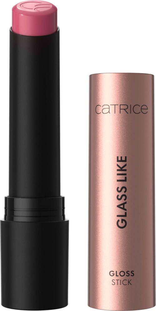 Een roze lippenstift in een zwart dop en een metallic roze dop met de woorden 'GLOSS STICK' en 'GLASS LIKE'.