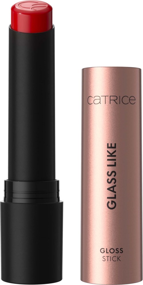 Een rode lippenstift in een zwart buisje naast een roségouden container met tekst 'GLASS LIKE,' 'GLOSS STICK' en 'CATRICE.'