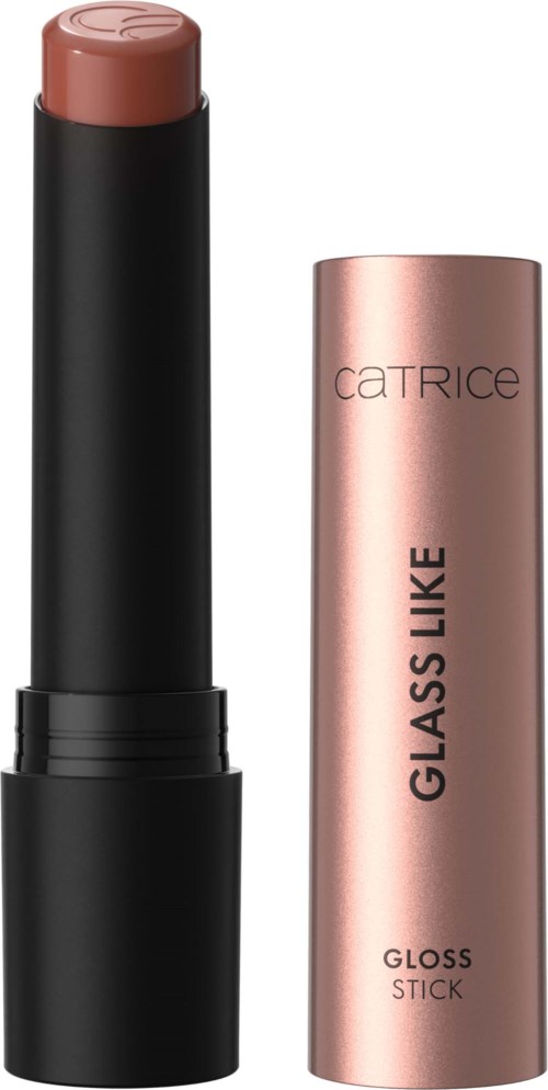 Een lippenstift met een zwart geval en een roségouden dop, gemarkeerd 'Catrice Glass Like Gloss Stick.'