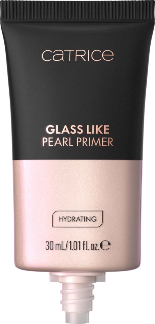 A black and pink tube of Catrice Glass Like Pearl Primer, labeled as hydrating, holding 30 ml.