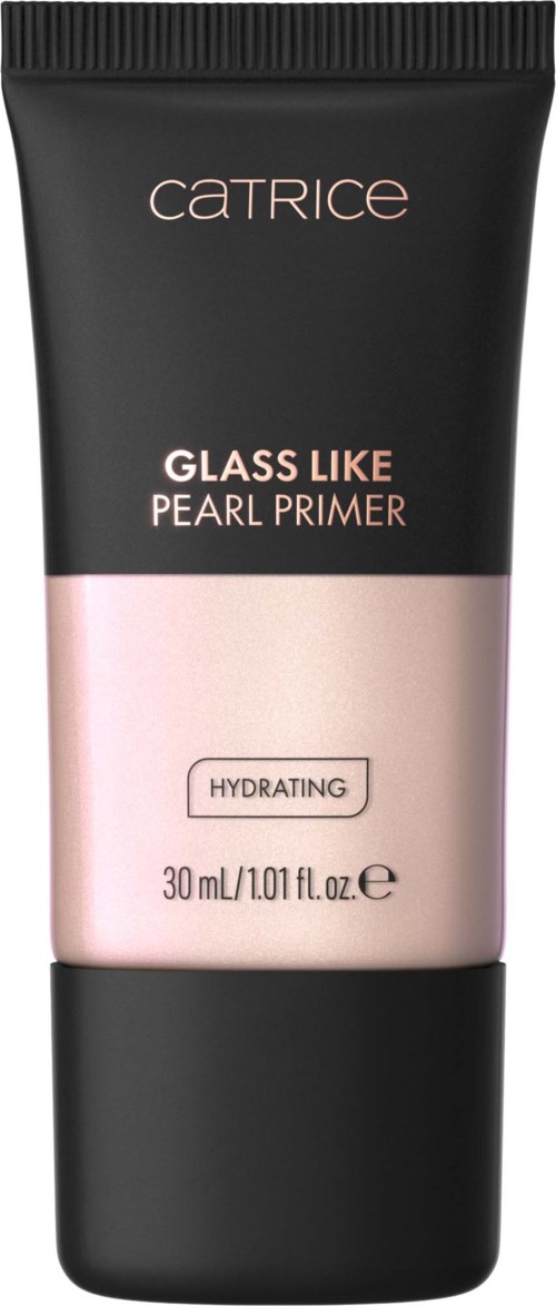 A black and pink tube labeled Catrice Glass Like Pearl Primer, 30ml, hydrating, with simple text.
