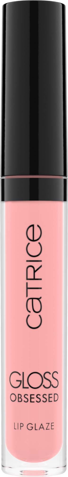 En rosa leppeglans i et gjennomsiktig rør med svart lokk, merket 'Catrice Gloss Obsessed.'