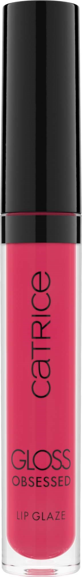 Een roze lipgloss in een doorzichtige tube met zwarte dop, gemarkeerd 'Catrice Glosss Obsessed.'