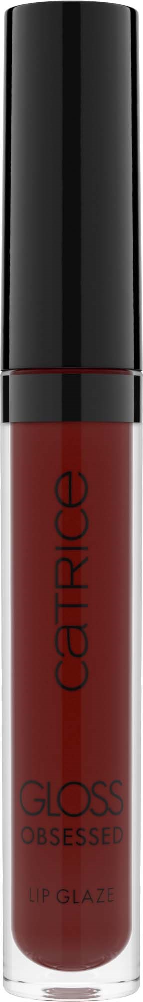 Læbepomaderør med sort hætte og rød farve, mærket Gloss Obsession af Catricc. Logo synligt.