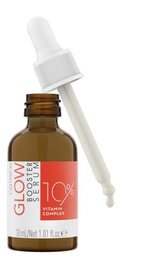En brun flaska med pipett. Etikett säger 10% vitaminkomplex, GLOW BOOSTER serum.