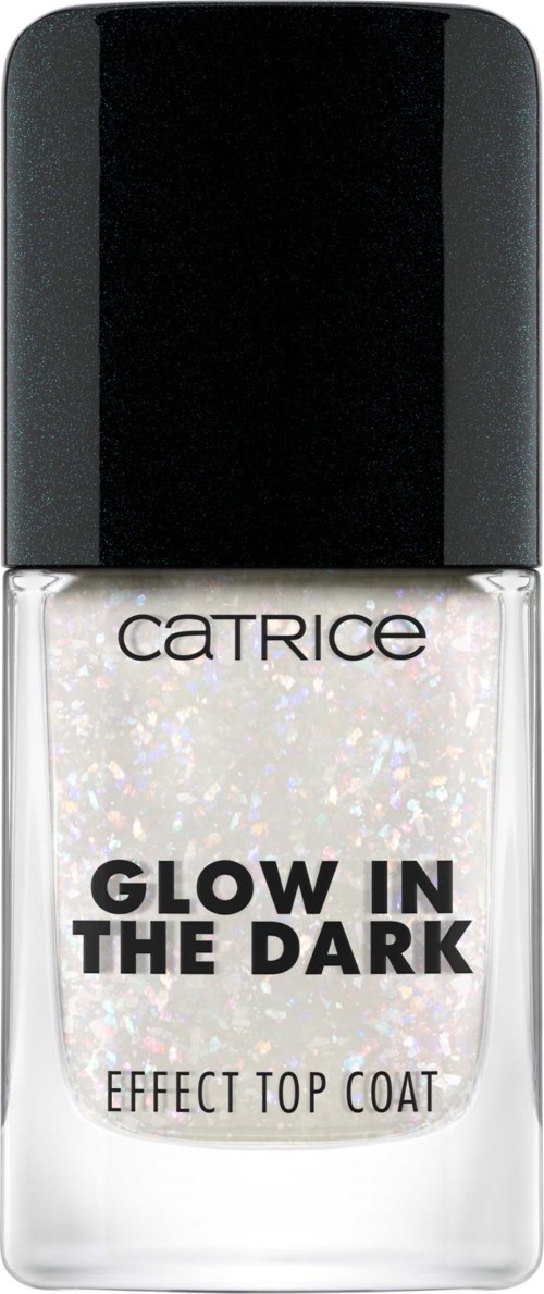 Nagellackflaska med svart lock, märkt 'Glow in the Dark' med glittrig nagellack i.