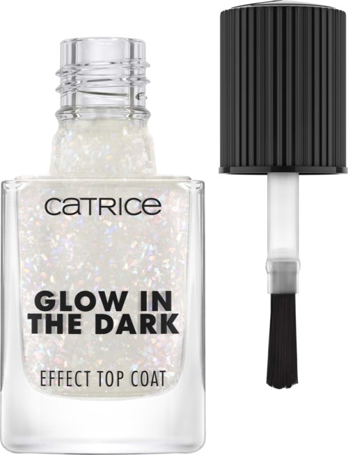 En klar nagellacksflaska märkt "Glow in the Dark" med en svart borrliknande kork bredvid.