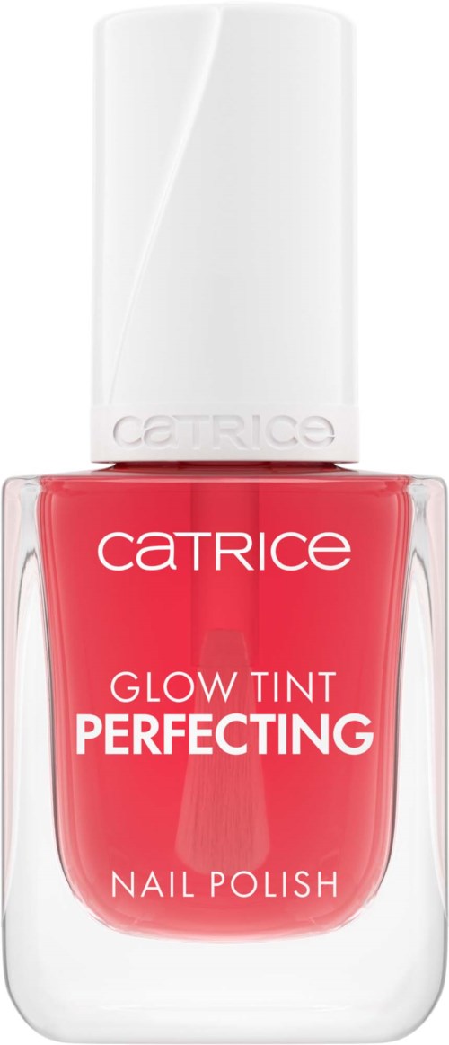 Różowy lakier do paznokci w przezroczystej butelce z białą nakrętką. Etykieta mówi 'Catrice Glow Tint Perfecting Nail Polish.'