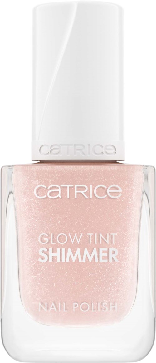 En flaske med Catrice Glow Tint Shimmer neglelak med hvid hætte og lyserødt skær.