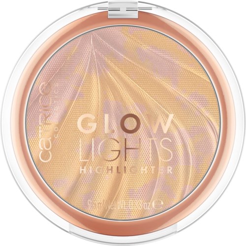 Eine runde Highlighter-Compact mit schimmernder, heller Oberfläche und der Aufschrift "Glow Lights".