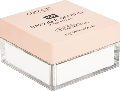 En liten rosa burk märkt 'HD Baking & Setting Loose Powder' med en klar botten.