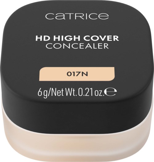 En rund kompakt av Catrice HD High Cover Concealer med svart lock och beige etikett som visar nyansen 017N.