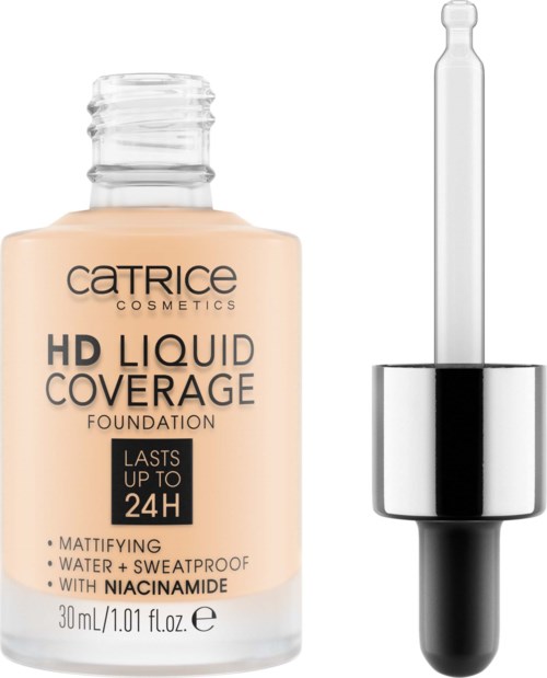 En flaska med Catrice HD Liquid Coverage foundation med en pipett bredvid. Etiketten säger att den håller i upp till 24 timmar.