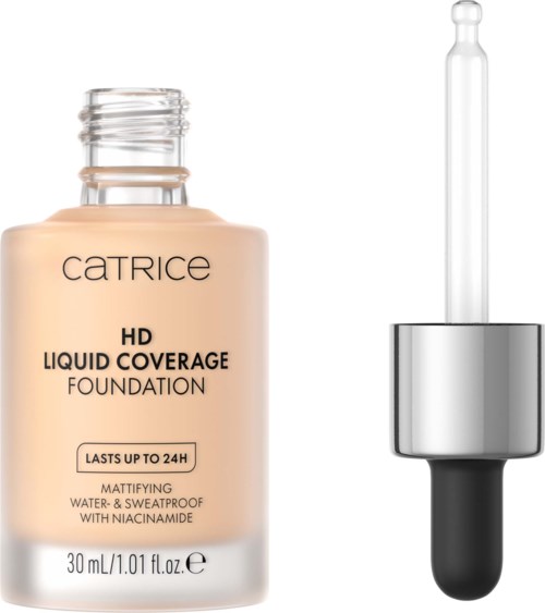 Catrice HD flytande foundationflaska med pipett, beige nyans och märket på etiketten.