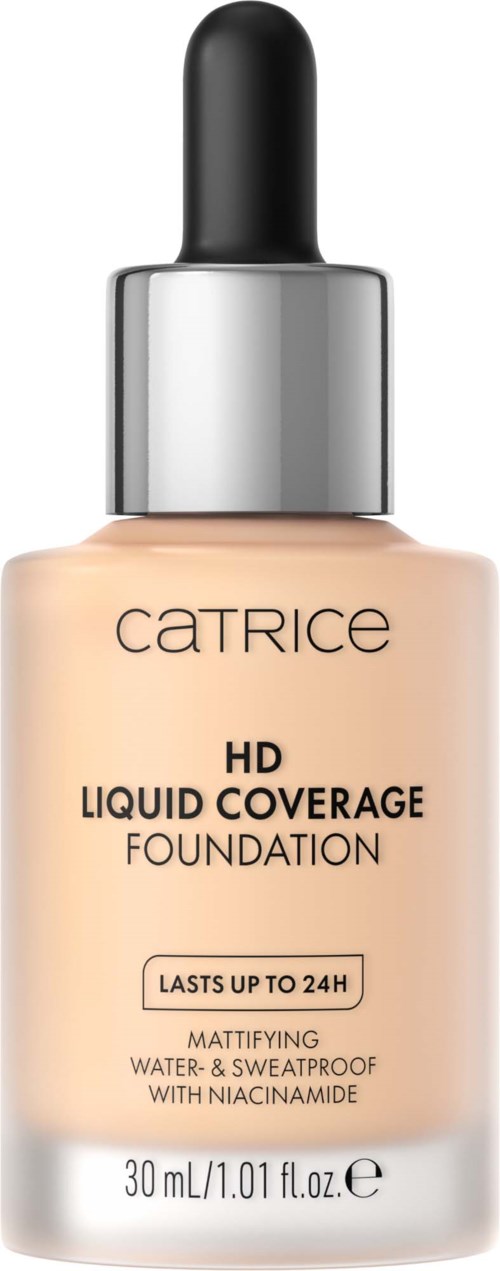 En flaska Catrice HD Liquid Coverage Foundation med pipettlock, ger matt och långvarig täckning.
