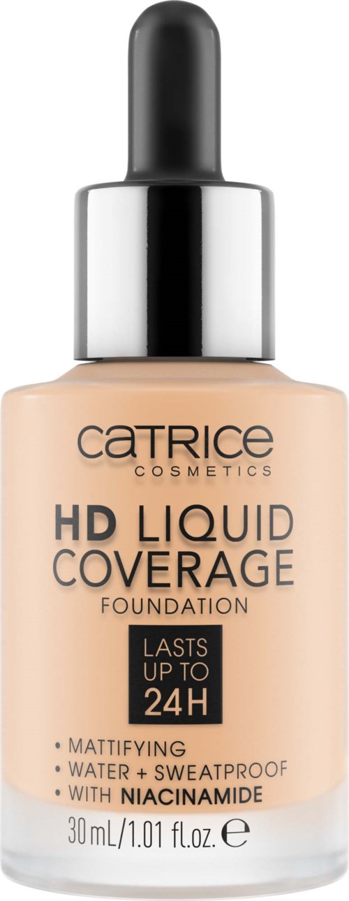 En flaska av Catrice HD Liquid Coverage foundation med pipettlock, märkt för långvarig, vattentät, matt finish.