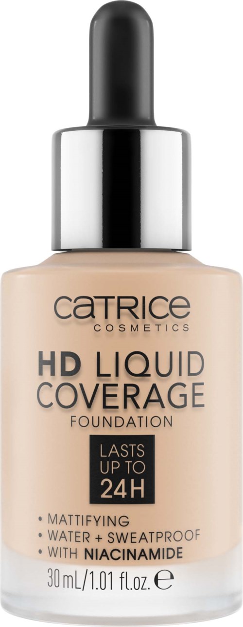 Catrice HD Liquid Coverage -meikkivoidepullon pumppumilla, kestää jopa 24 tuntia ja on vedenkestävä.