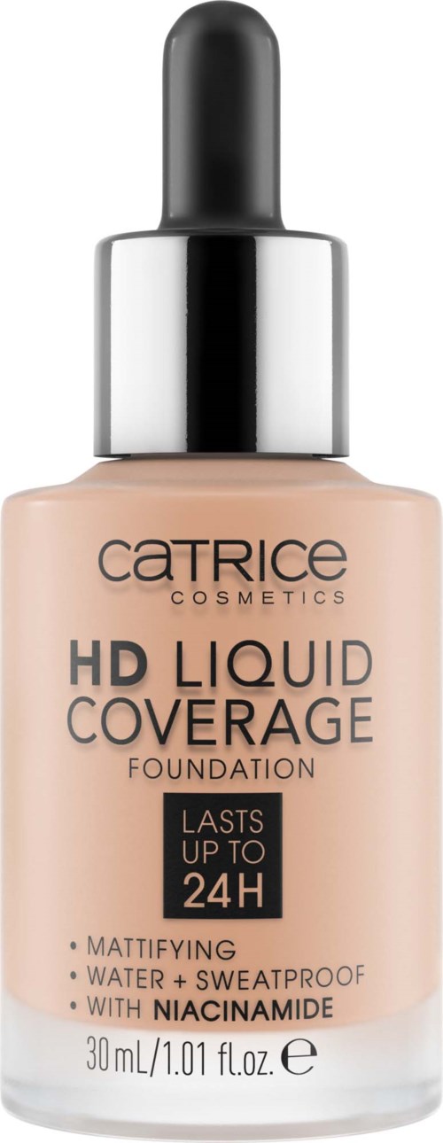 Een flesje Catrice HD Liquid Coverage foundation met pipetdop, gemarkeerd als 24 uur houdbaar.
