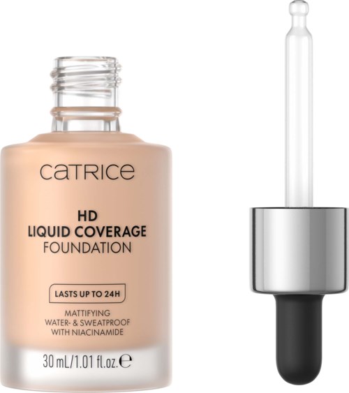 Ihonvärisävyinen meikkivoide pullo, jossa tipatulla kannella ja merkinnällä Catrice HD Liquid Coverage Foundation.