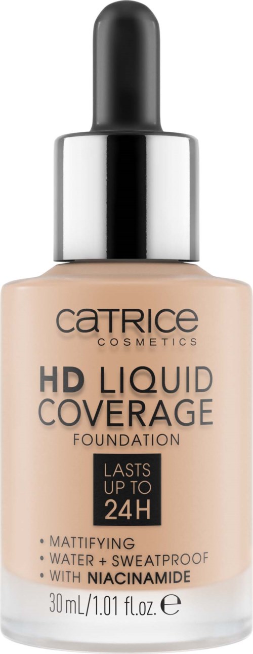 Beige meikkivoidepullo, jossa musta tippa-aukko, nimeltä 'Catrice HD Liquid Coverage', kestää jopa 24 tuntia.