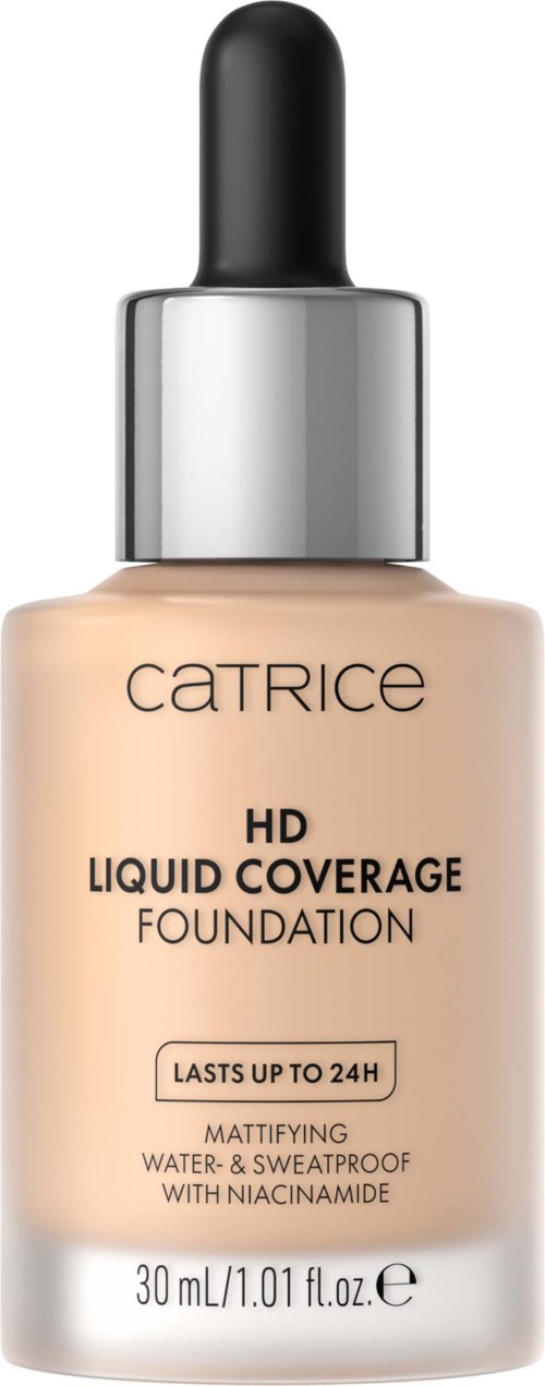 Pullo Catrice HD Liquid Coverage Foundation, tippon avulla, merkki että se kestää jopa 24 tuntia.