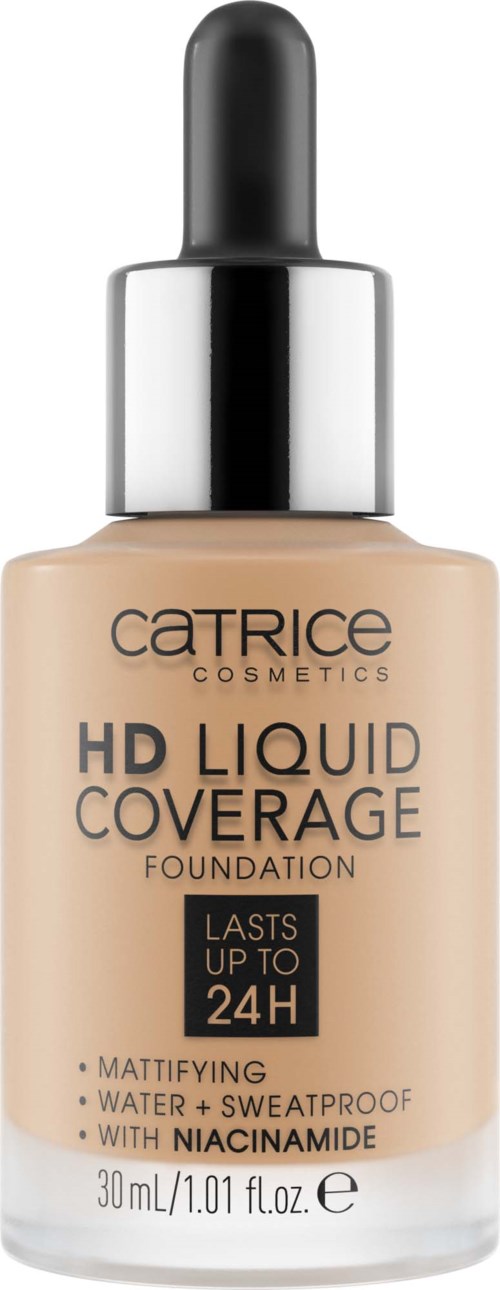 Catrice HD Liquid Coverage foundationfles met pipet, label toont 24 uur lasting, water- en zweetbestendig, verzorgende ingrediënten.